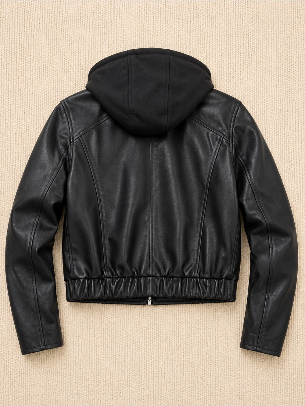 Black Leather Bomber Jacket with Hoodie - Picture 2 of 4